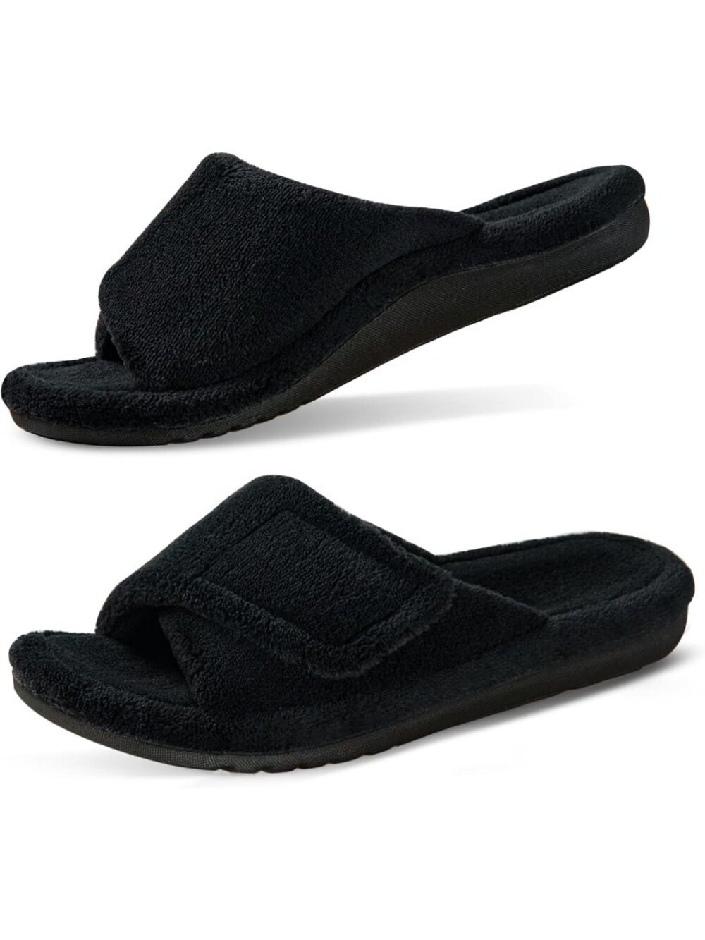 Women's Black Adjustable Open Toe Orthopedic Arch Support Fuzzy Slide Slippers